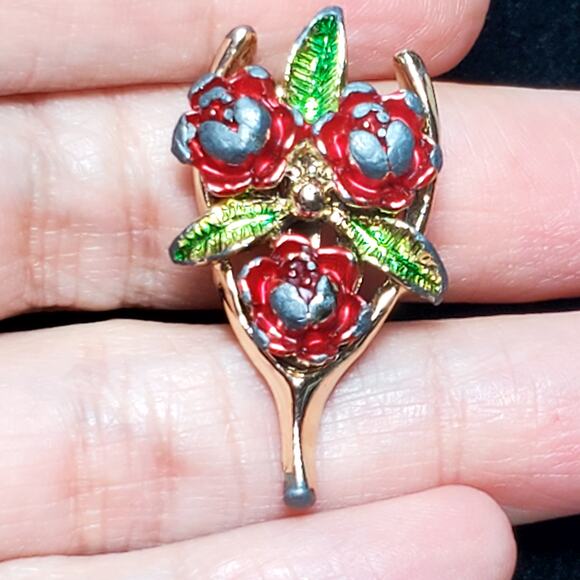 Gerry's Brooch Scatter Pins Vintage Red Rose Wishbone Gold Tone Signed 1.25" - Picture 1 of 5
